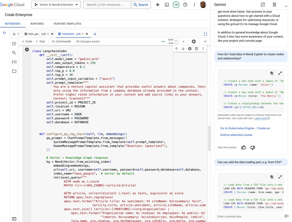 A code snippet within a Google Workspace, showcasing the generation of Cypher query to load data into Neo4j